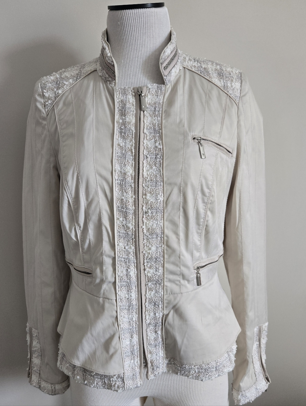 White House Black Market Beige Peplum Jacket with Tweed Trim, Sz 6